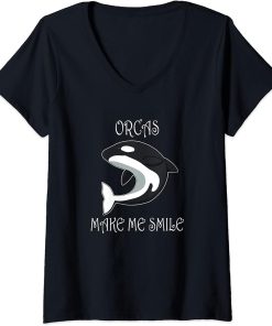 Womens Orcas Make Me Smile Funny Whale V-Neck T-Shirt