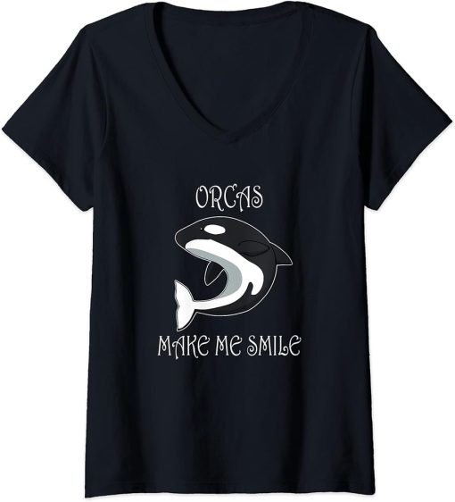 Womens Orcas Make Me Smile Funny Whale V-Neck T-Shirt