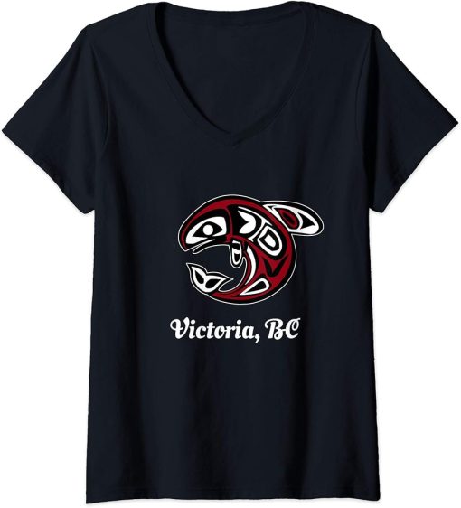 Womens BC Canada Victoria Native Tribal Orca Killer Whale V-Neck T-Shirt